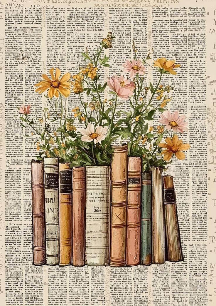 Vintage books with wildflowers blooming from the pages